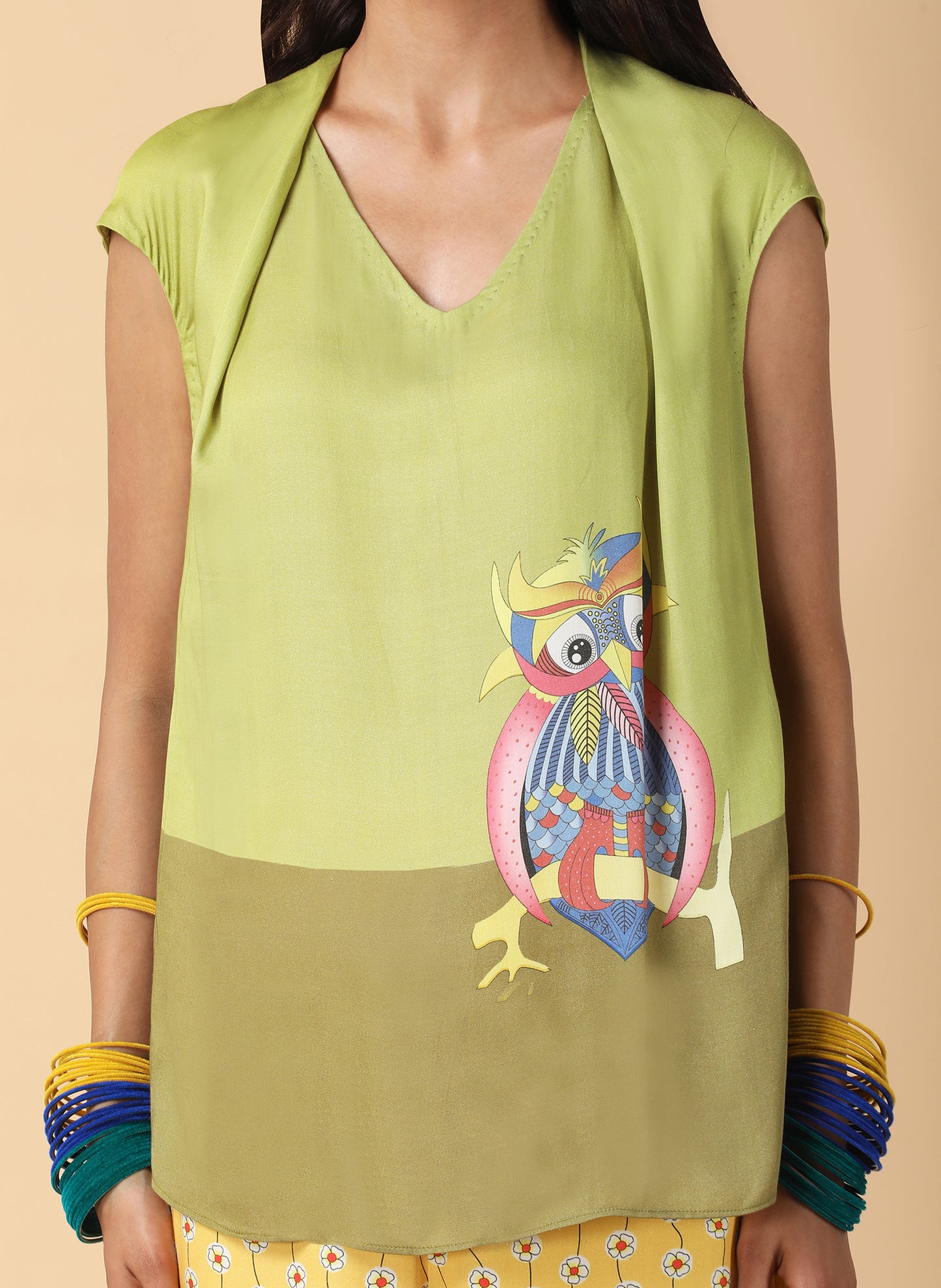 High neck pleated Top with drop shoulder