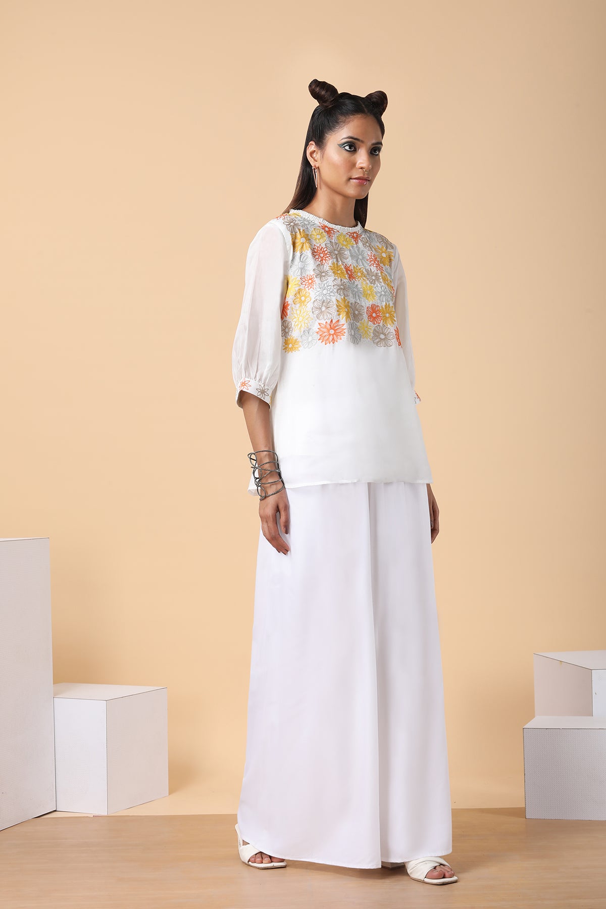 Boatneck white embroidered top