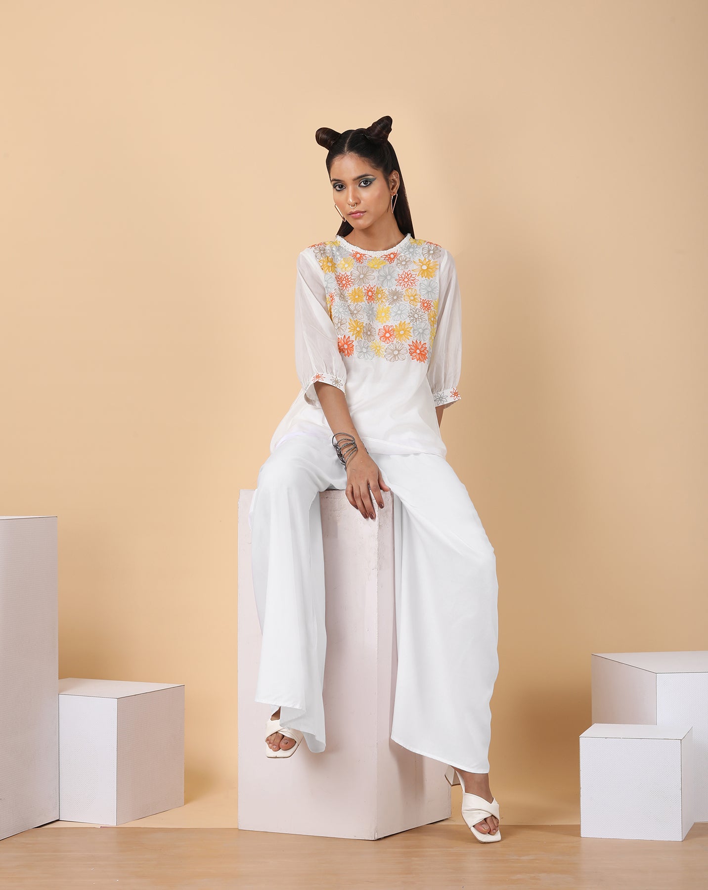 Boatneck white embroidered top