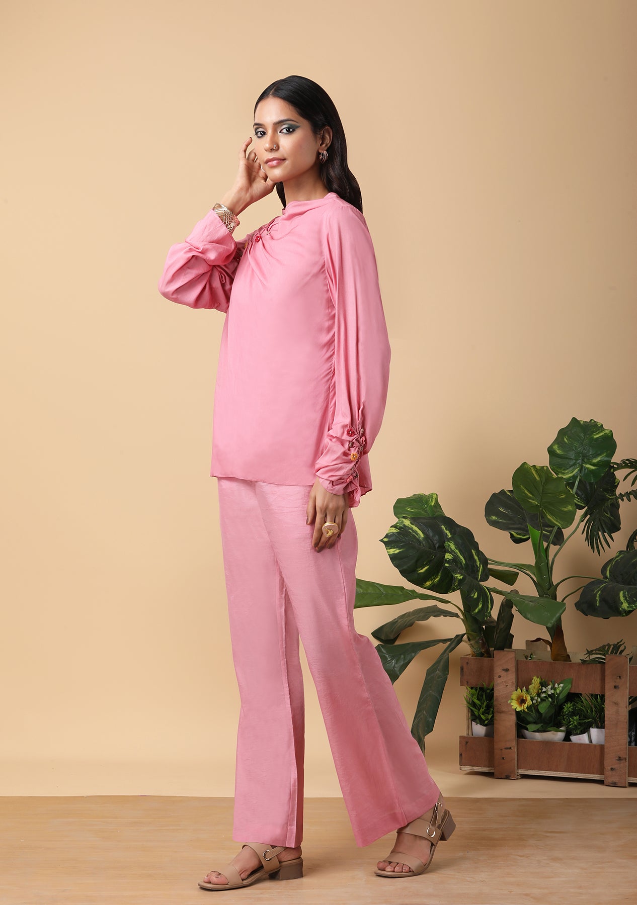 Full-sleeve blush pink top set