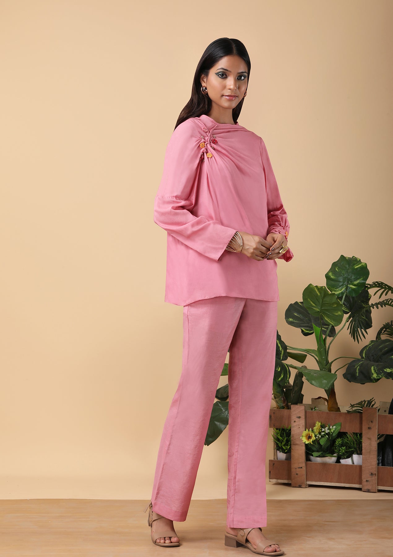 Full-sleeve blush pink top set