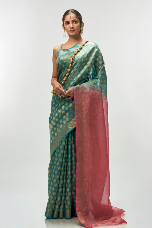 Emerald with Jaypore Pink Tissue Saree