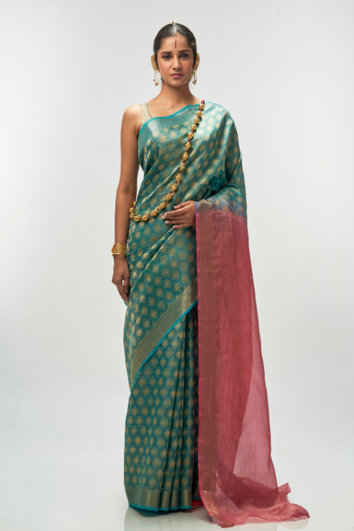 Emerald with Jaypore Pink Tissue Saree