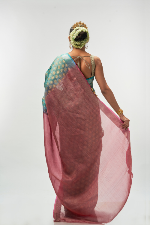 Emerald with Jaypore Pink Tissue Saree