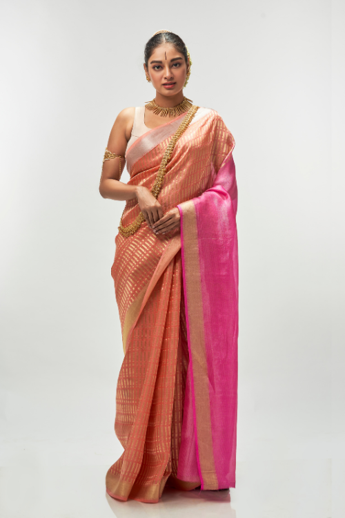 Dark Coral Silk Tissue Saree