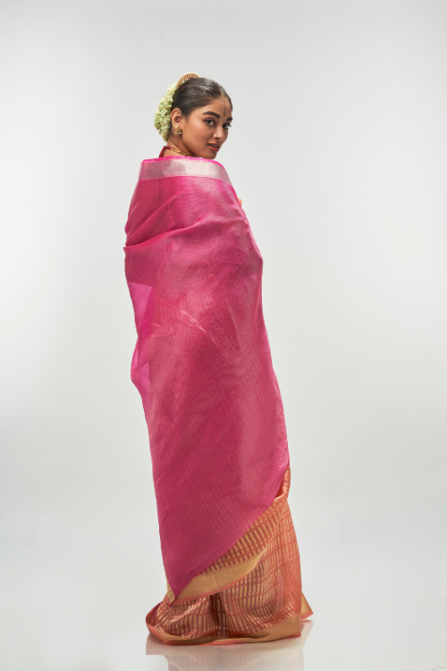 Dark Coral Silk Tissue Saree