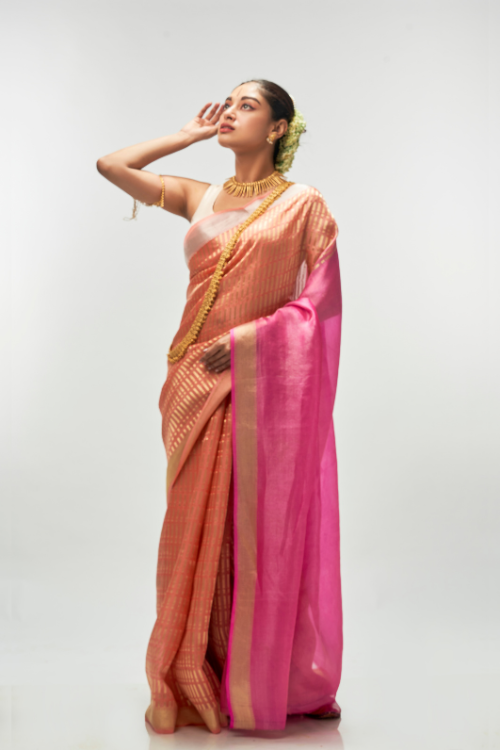 Dark Coral Silk Tissue Saree