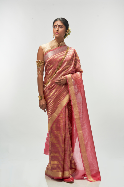 Dark Salmon Silk Tissue Saree