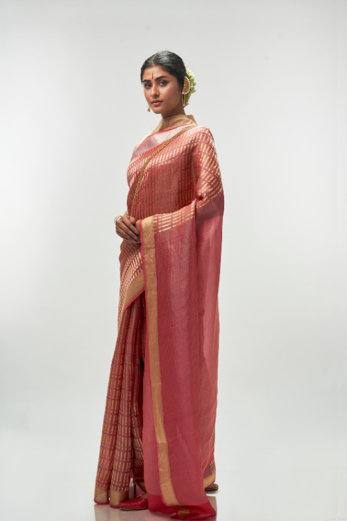 Dark Salmon Silk Tissue Saree