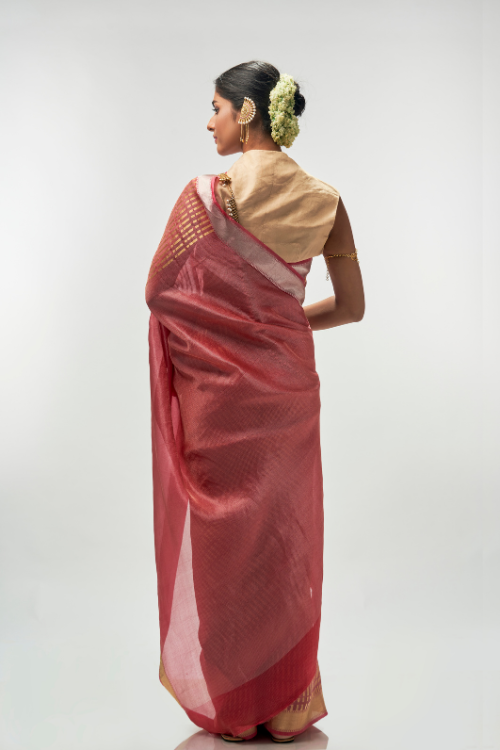 Dark Salmon Silk Tissue Saree