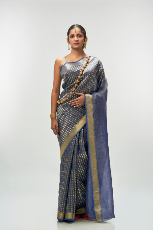 Purple Navy Silk Tissue Saree