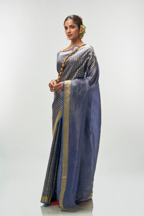 Purple Navy Silk Tissue Saree