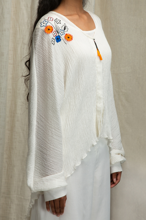 Off White, Crinkled Cotton/Viscose Kimono Top