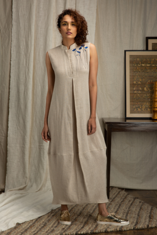Sleeveless, Ecru, Crepe Linen Pouf Dress