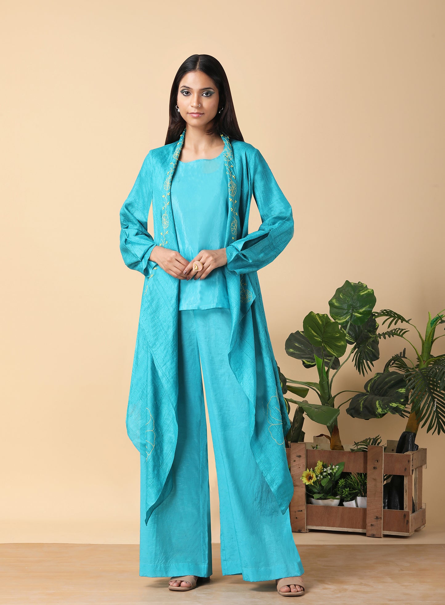 Blue turquoise tassar matka overcoat set