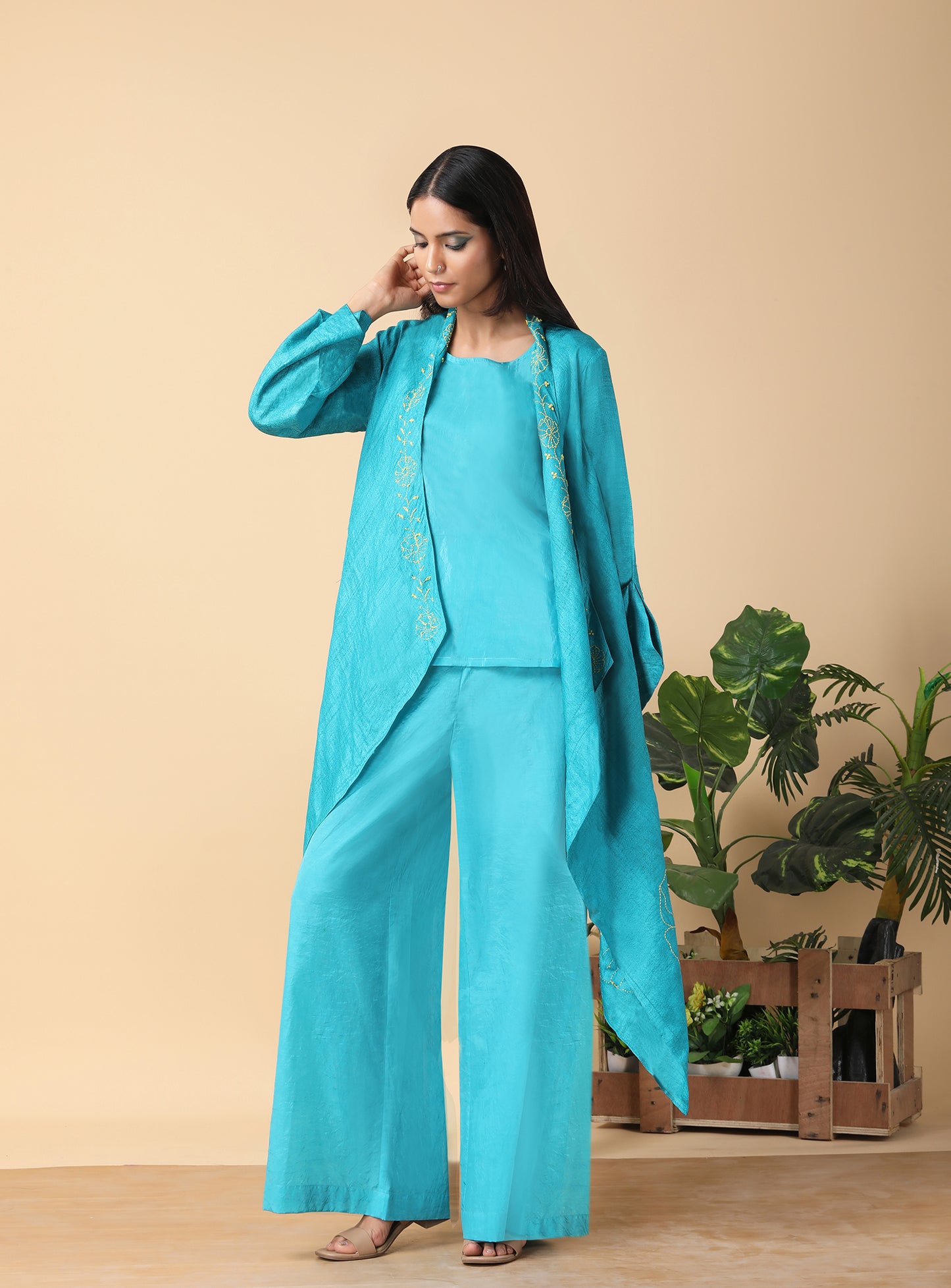 Blue turquoise tassar matka overcoat set