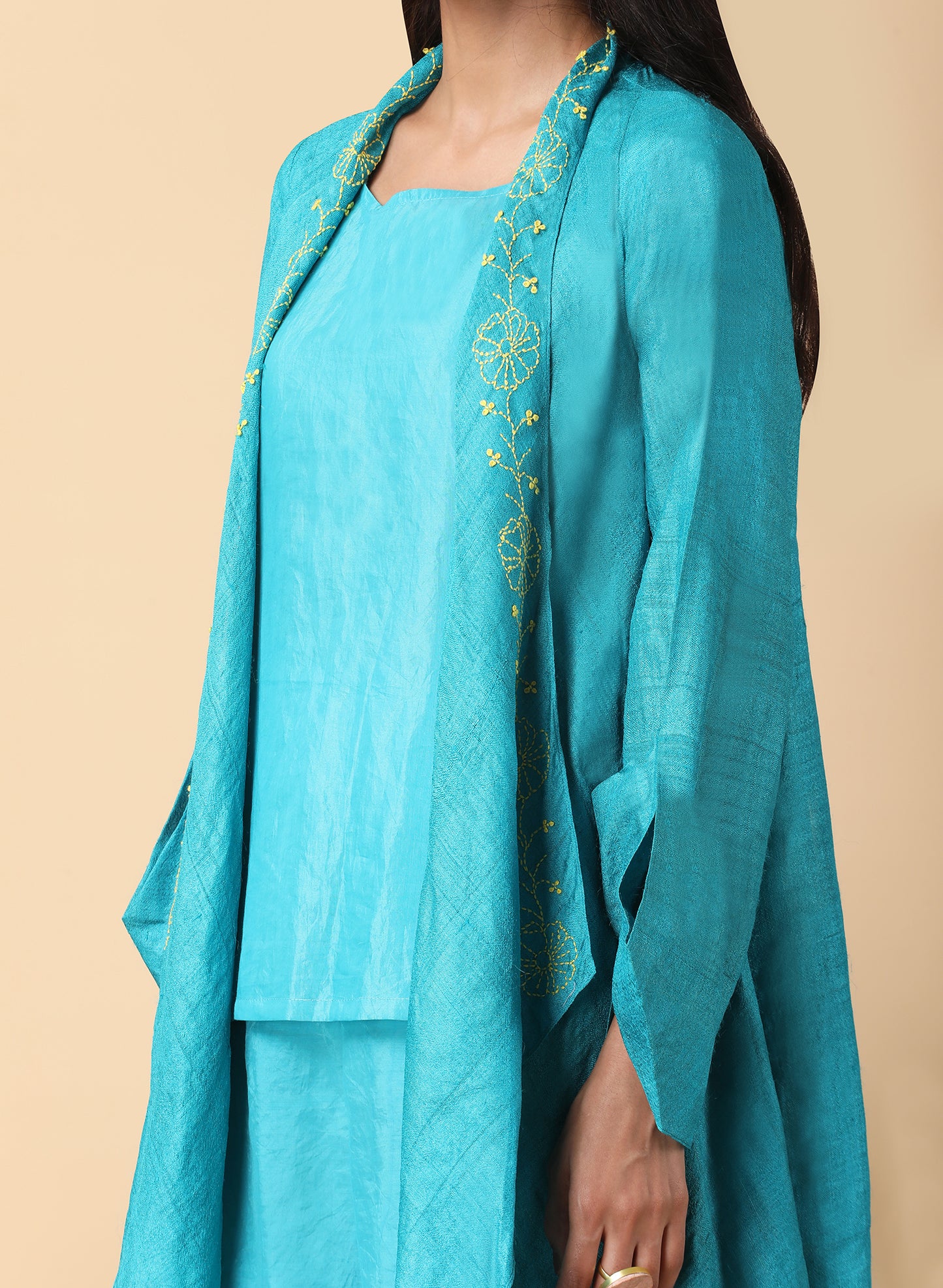 Blue turquoise tassar matka overcoat set