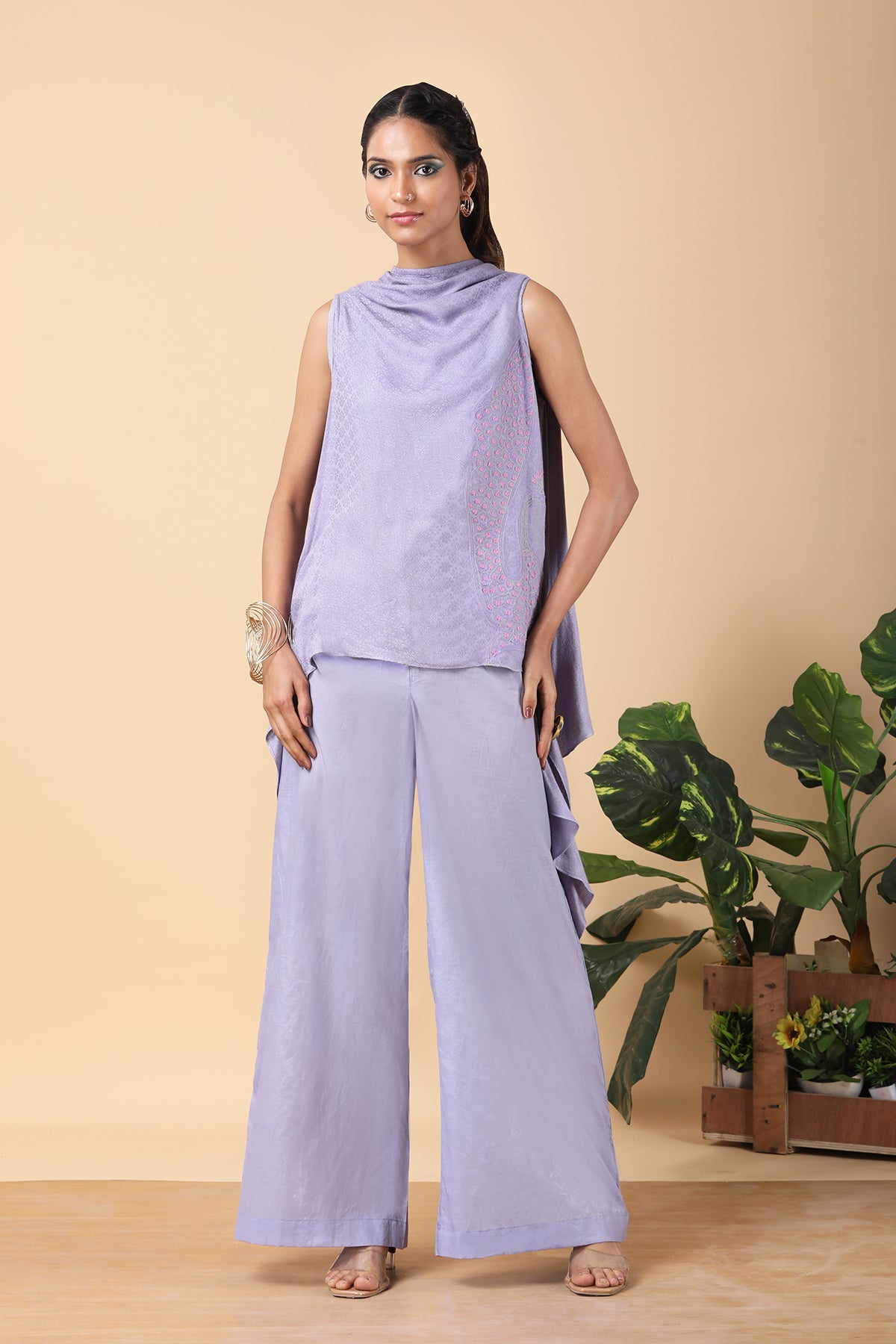 Lavender cowl-neck asymmetric top & trouser set