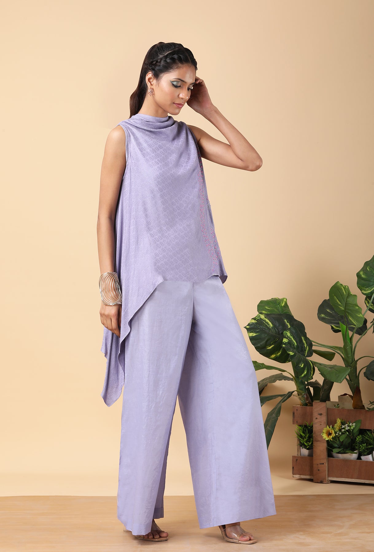 Lavender cowl-neck asymmetric top & trouser set