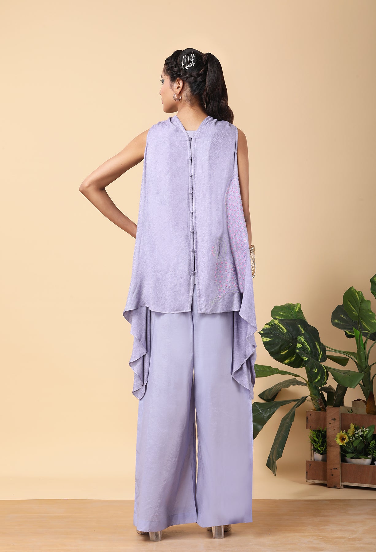 Lavender cowl-neck asymmetric top & trouser set